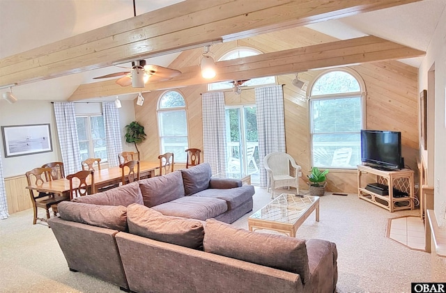 1039 Miller Ct Lot 526, Corolla, NC 27927 - living room with wood walls, carpet floors, and a ceiling fan