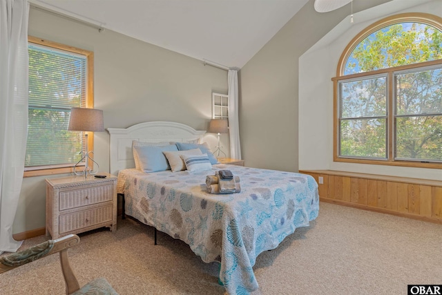 1039 Miller Ct Lot 526, Corolla, NC 27927 - bedroom with carpet floors, multiple windows, vaulted ceiling, wainscoting, and wood walls