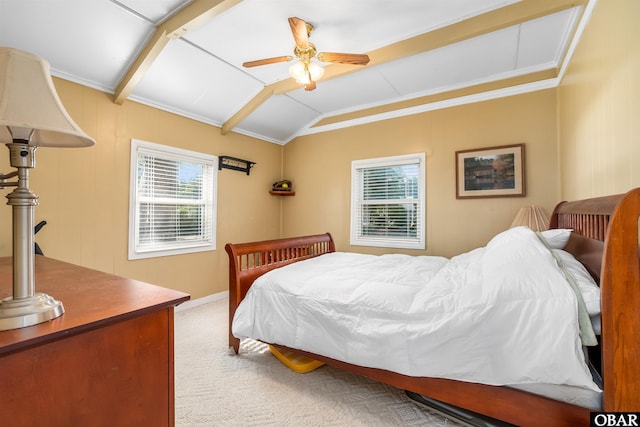 bedroom featuring ceiling fan, vaulted ceiling, and carpet flooring