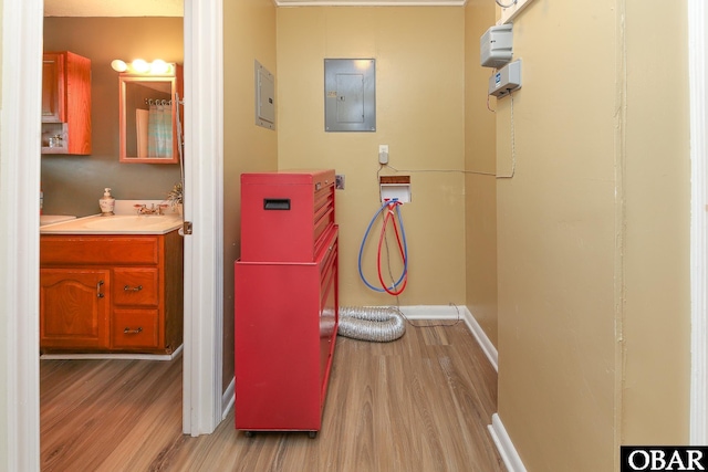 156 Longbeach Dr Unit Lot3, Hertford, NC 27944 - full bath featuring wood finished floors, electric panel, and vanity