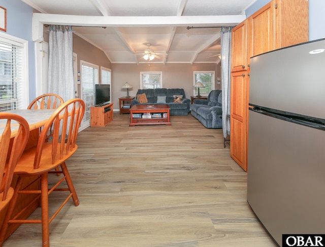 156 Longbeach Dr Unit Lot3, Hertford, NC 27944 - living area featuring a ceiling fan, light wood-style floors, coffered ceiling, and beamed ceiling