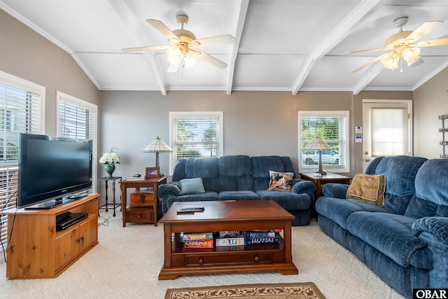 living room with vaulted ceiling with beams, ceiling fan, and carpet flooring