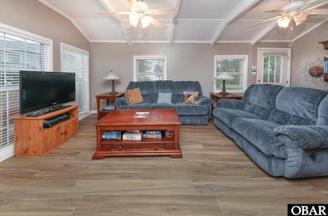156 Longbeach Dr Unit Lot3, Hertford, NC 27944 - living room featuring ceiling fan, light wood-style flooring, and ornamental molding