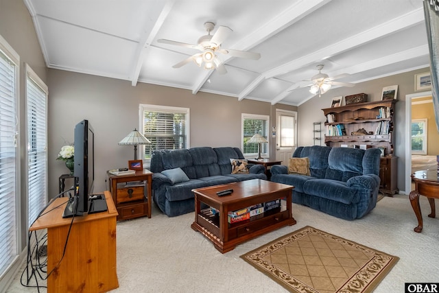 carpeted living room with vaulted ceiling with beams and ceiling fan