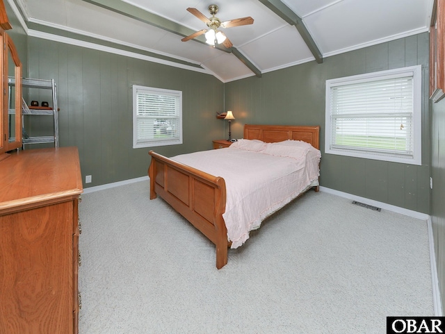 156 Longbeach Dr Unit Lot3, Hertford, NC 27944 - bedroom featuring lofted ceiling, wood walls, light carpet, and ceiling fan