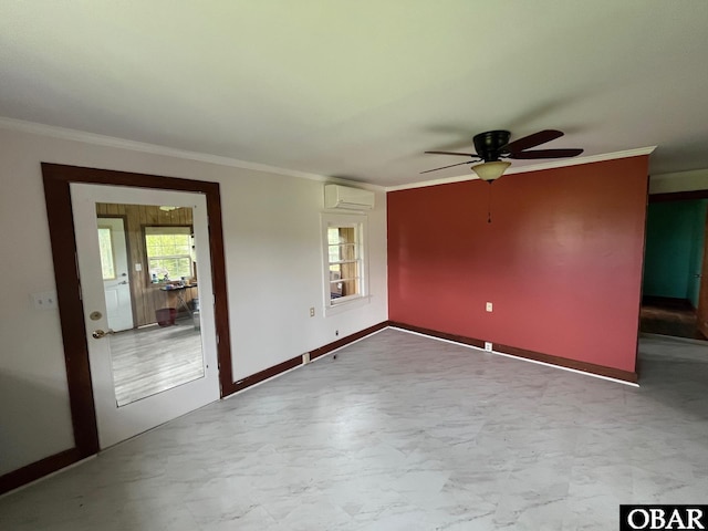 2253 Turnpike Rd, Swan Quarter, NC 27885 - spare room with a wall unit AC, a ceiling fan, ornamental molding, and marble look tiles