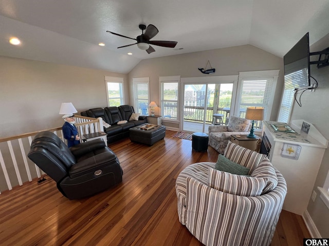 74 Lake Dr, Ocracoke, NC 27960 - living area featuring lofted ceiling, a ceiling fan, wood finished floors, and recessed lighting