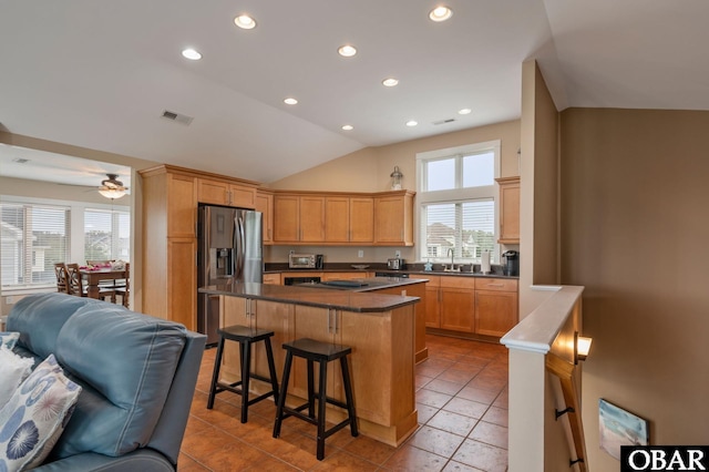 4705 Summer Ln Lot 2, Kitty Hawk, NC 27949 - kitchen with recessed lighting, a breakfast bar, visible vents, stainless steel fridge with ice dispenser, and open floor plan