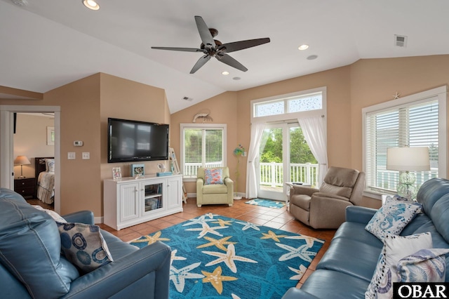 4705 Summer Ln Lot 2, Kitty Hawk, NC 27949 - living room with a ceiling fan, recessed lighting, light tile patterned floors, baseboards, and vaulted ceiling
