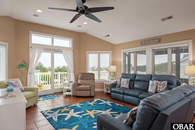 4705 Summer Ln Lot 2, Kitty Hawk, NC 27949 - tiled living area with vaulted ceiling, visible vents, ceiling fan, and recessed lighting