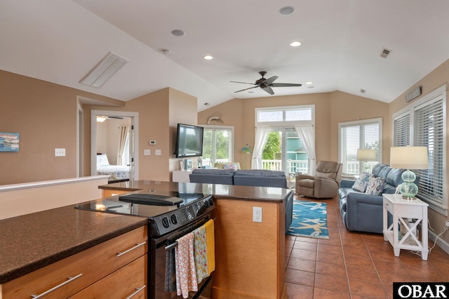 4705 Summer Ln Lot 2, Kitty Hawk, NC 27949 - kitchen with lofted ceiling, visible vents, black range with electric stovetop, and ceiling fan