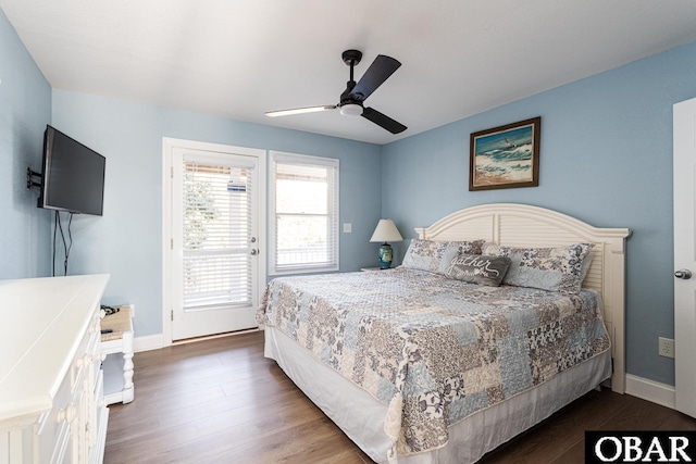 567 Ocean Trl Lot 140, Corolla, NC 27927 - bedroom with dark wood-type flooring, ceiling fan, baseboards, and access to outside