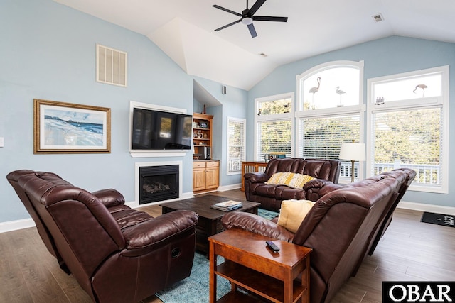 567 Ocean Trl Lot 140, Corolla, NC 27927 - living area featuring ceiling fan, lofted ceiling, healthy amount of natural light, and wood finished floors