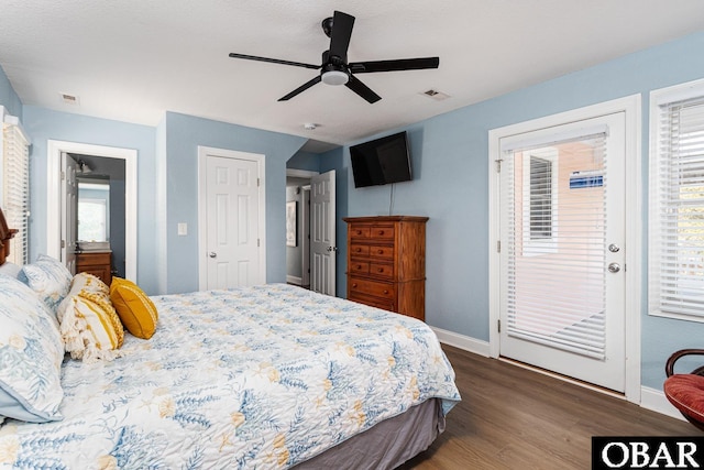 567 Ocean Trl Lot 140, Corolla, NC 27927 - bedroom featuring access to exterior, wood finished floors, baseboards, and ceiling fan