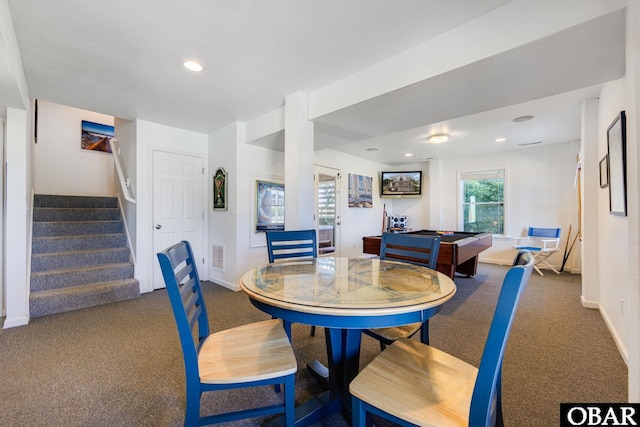 dining area with recessed lighting, carpet flooring, stairway, and baseboards