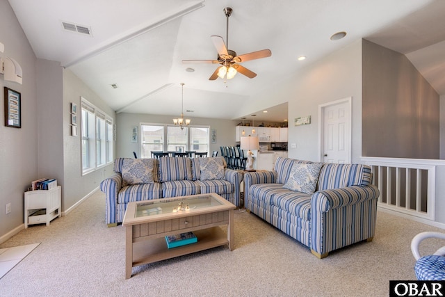 living area featuring baseboards, visible vents, light colored carpet, vaulted ceiling, and ceiling fan with notable chandelier