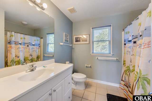 full bathroom featuring toilet, visible vents, baseboards, vanity, and tile patterned floors