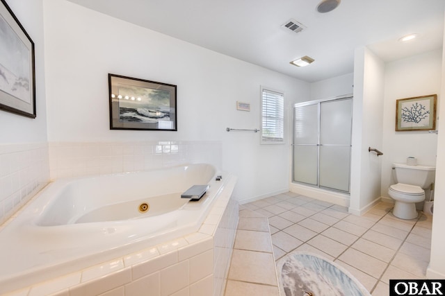 bathroom with visible vents, toilet, a stall shower, a tub with jets, and tile patterned floors