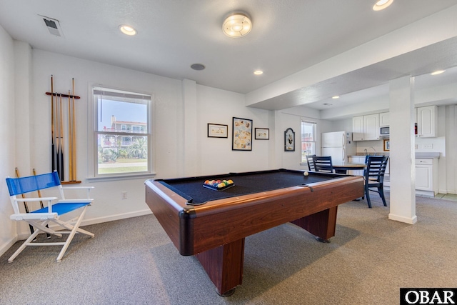 recreation room featuring billiards, baseboards, visible vents, carpet floors, and recessed lighting