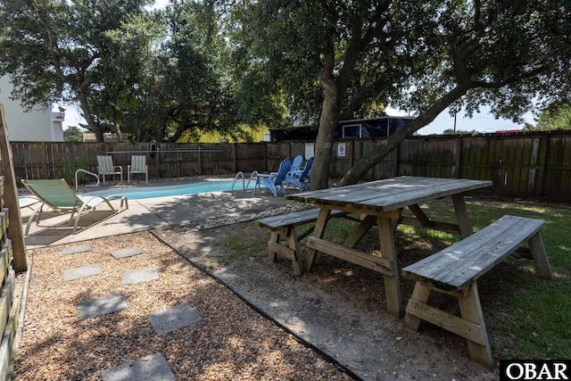 view of swimming pool with a fenced backyard, a fenced in pool, and a patio