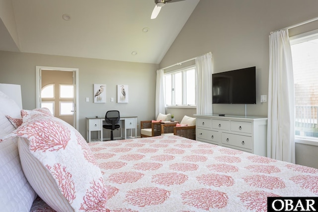 bedroom featuring high vaulted ceiling and a ceiling fan