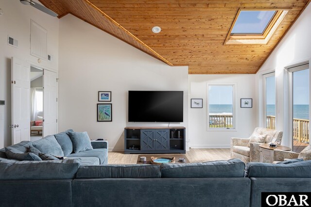 living room with high vaulted ceiling, wooden ceiling, wood finished floors, visible vents, and baseboards