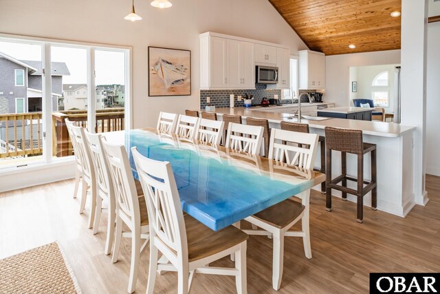 dining space featuring wooden ceiling, a healthy amount of sunlight, and light wood finished floors