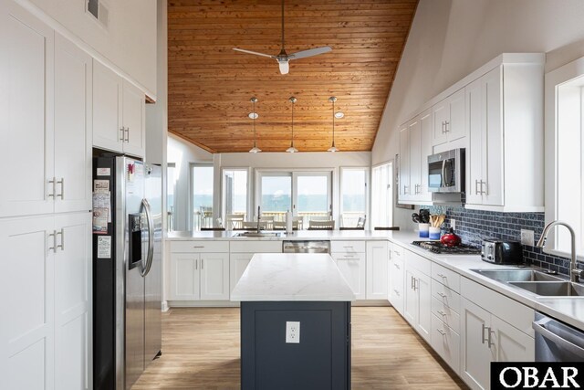 kitchen featuring a sink, stainless steel appliances, a kitchen island, and white cabinetry