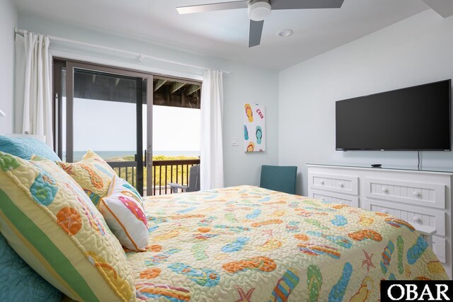 bedroom with access to outside and a ceiling fan