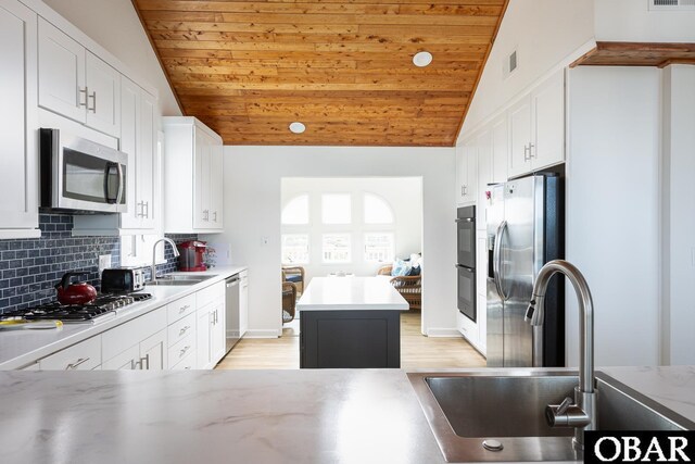 kitchen featuring stainless steel appliances, wooden ceiling, white cabinetry, and a sink