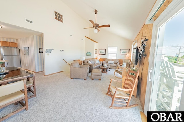 1518 N Virginia Dare Trl Lot # 11, Kill Devil Hills, NC 27948 - living area with carpet floors, a ceiling fan, and high vaulted ceiling