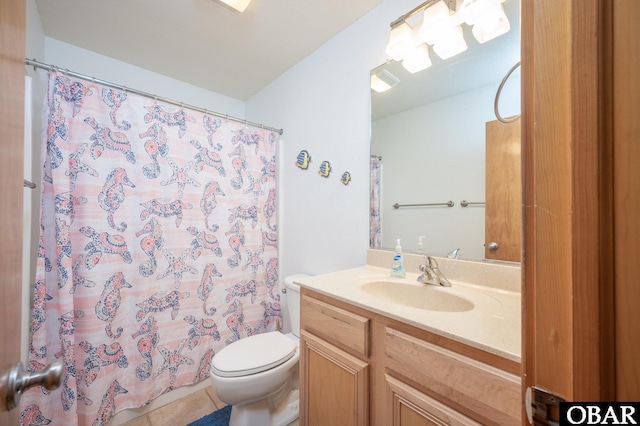 bathroom with vanity, a shower with shower curtain, tile patterned flooring, and toilet