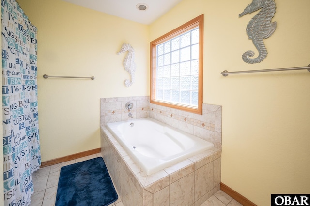 bathroom featuring baseboards, a bath, tile patterned floors, and a shower with curtain
