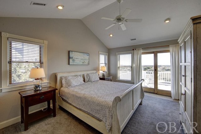 bedroom with lofted ceiling, access to outside, visible vents, and carpet flooring