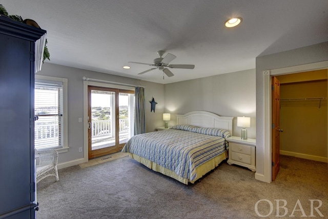 bedroom with baseboards, carpet floors, recessed lighting, and access to exterior