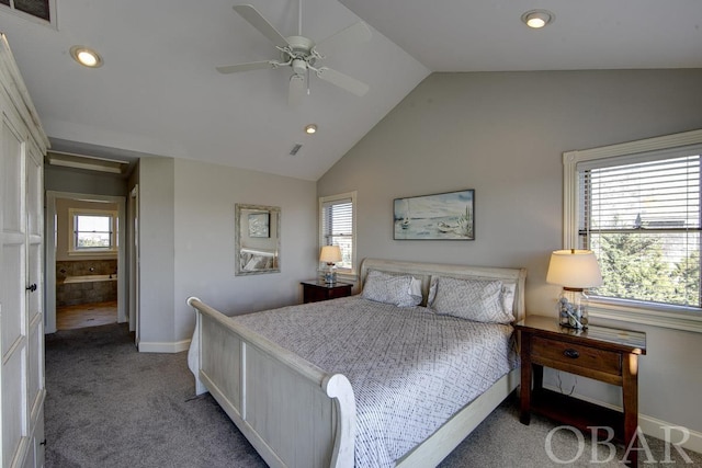 bedroom with baseboards, visible vents, a ceiling fan, lofted ceiling, and carpet flooring