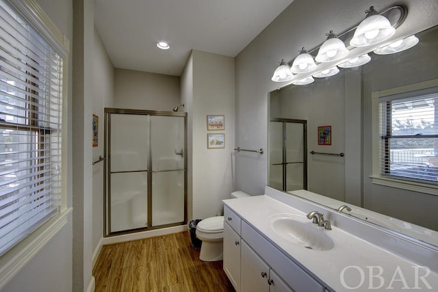 bathroom featuring toilet, a shower stall, wood finished floors, and vanity