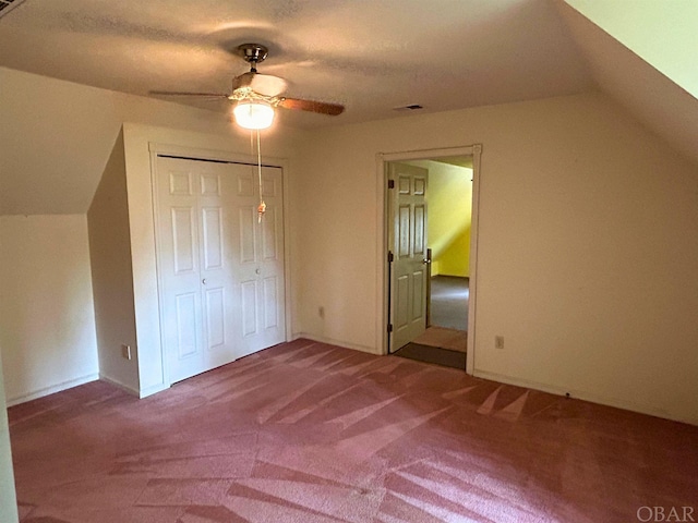 bonus room featuring visible vents, vaulted ceiling, carpet flooring, and ceiling fan