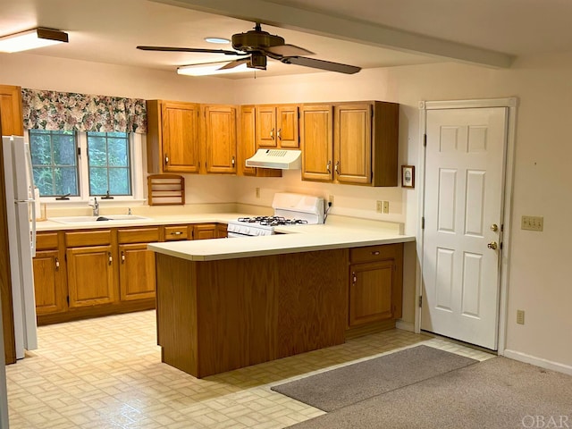 kitchen with under cabinet range hood, a peninsula, white appliances, a sink, and light countertops