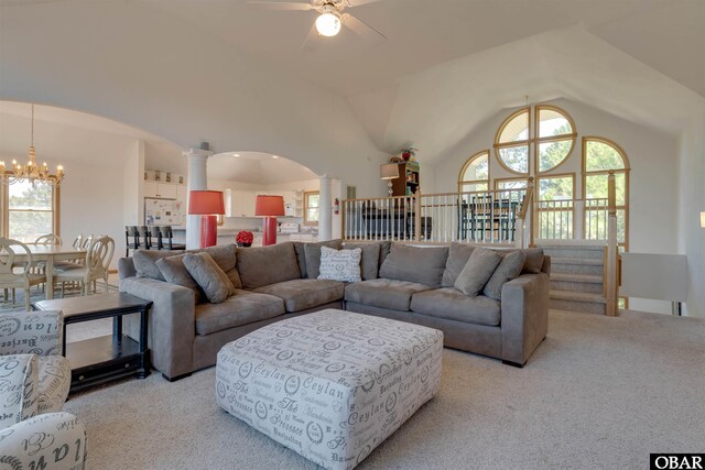 1219 Bismark Dr Lot # 107, Corolla, NC 27927 - living area with decorative columns, light carpet, ceiling fan, healthy amount of natural light, and lofted ceiling