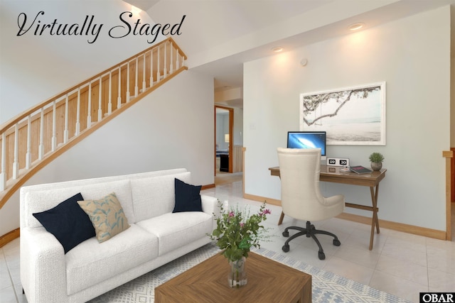 1219 Bismark Dr Lot # 107, Corolla, NC 27927 - living room featuring stairs, a desk, tile patterned floors, and recessed lighting