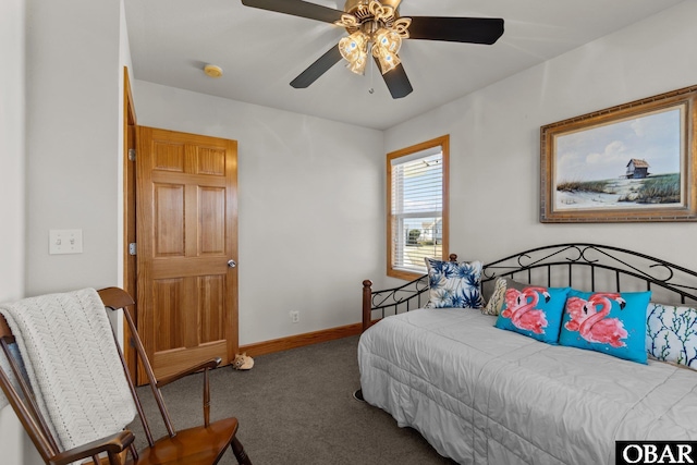 bedroom with carpet flooring, baseboards, and ceiling fan