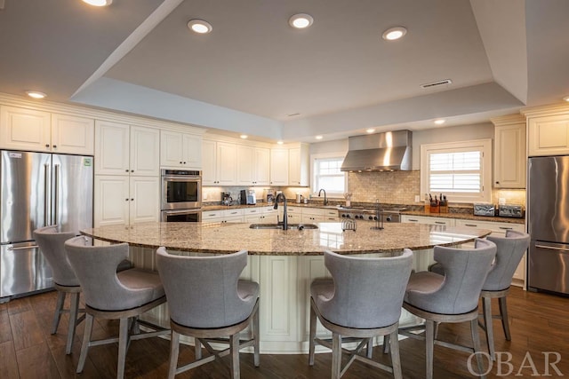 kitchen featuring wall chimney exhaust hood, appliances with stainless steel finishes, a large island, and a sink