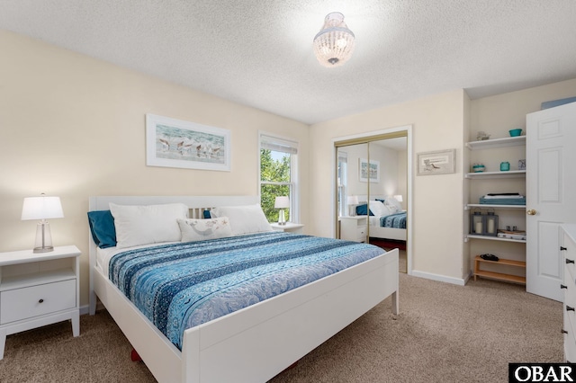 carpeted bedroom featuring baseboards, a textured ceiling, and a closet