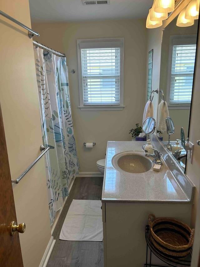 bathroom with visible vents, wood finished floors, a wealth of natural light, and vanity