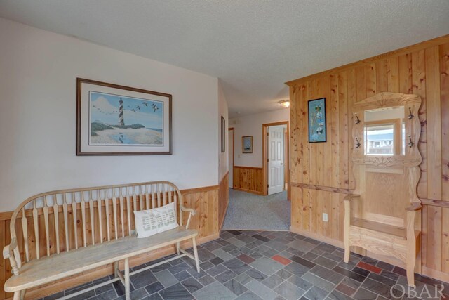 interior space with stone finish floor, a wainscoted wall, wooden walls, and a textured ceiling