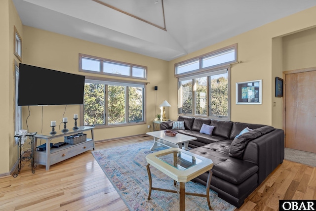 living area featuring light wood-style floors and high vaulted ceiling