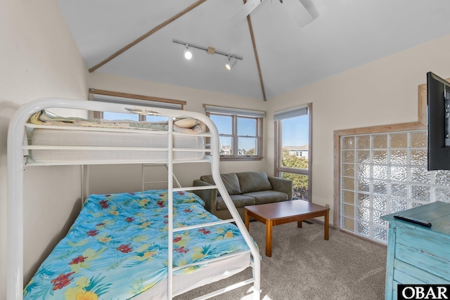 carpeted bedroom with lofted ceiling and track lighting