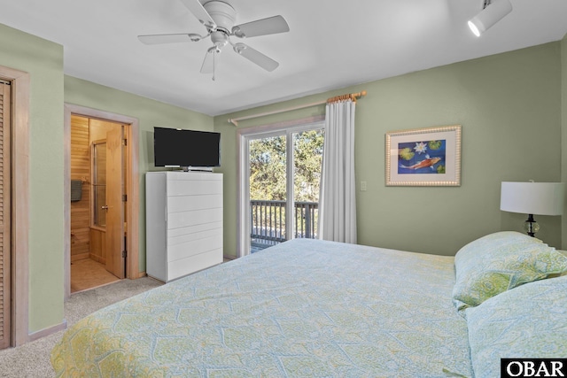 carpeted bedroom with access to exterior and ceiling fan