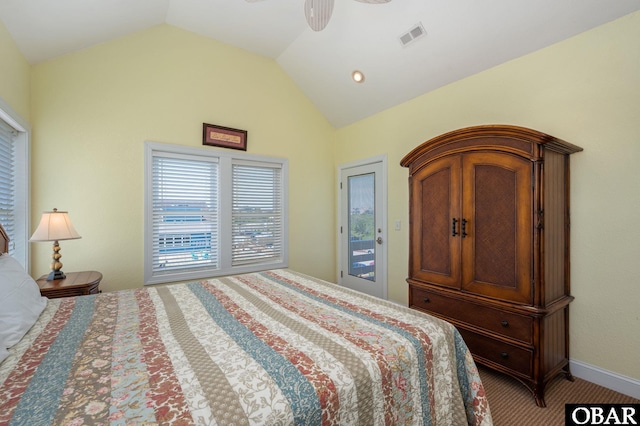 carpeted bedroom with vaulted ceiling, visible vents, access to outside, and ceiling fan